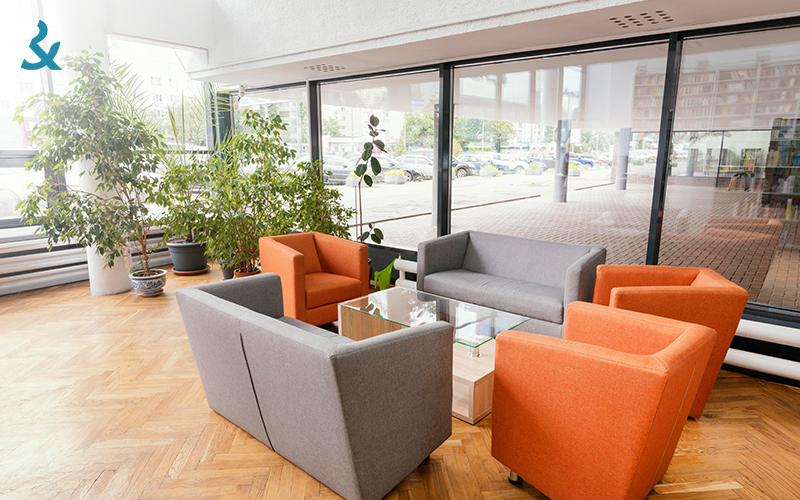 Contemporary office environment with sofas