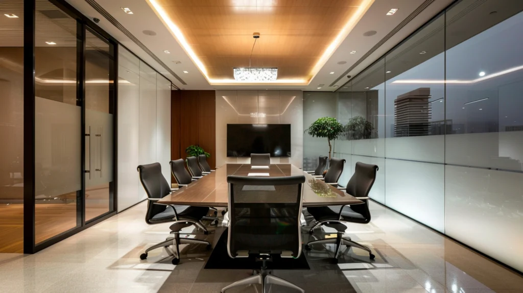 conference room with large glass wall that says conference