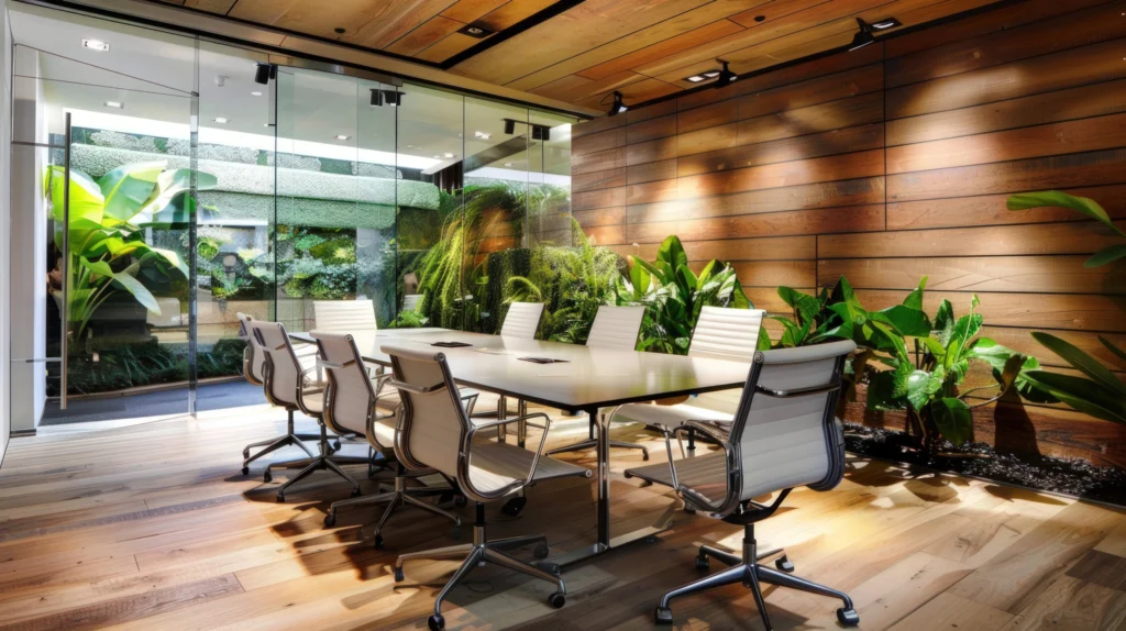 meeting room interior with garden decoration panoramic window